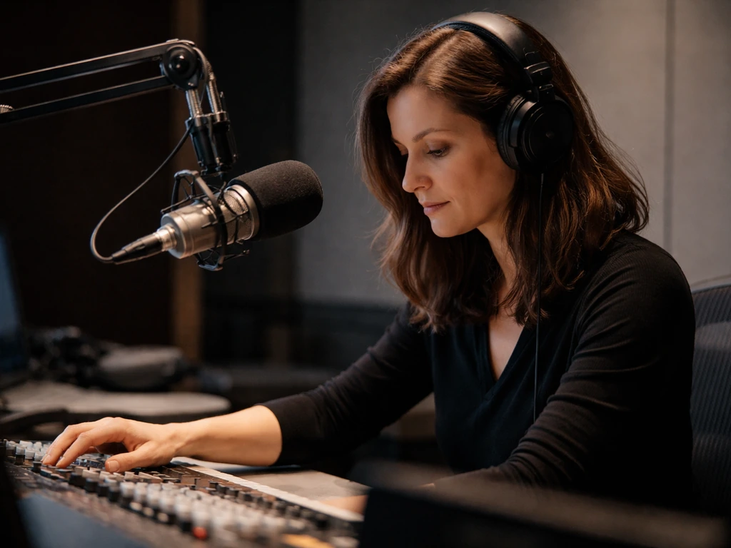 Anonymous radio producer working at a SiriusXM-style studio mic with headset in a quiet booth.