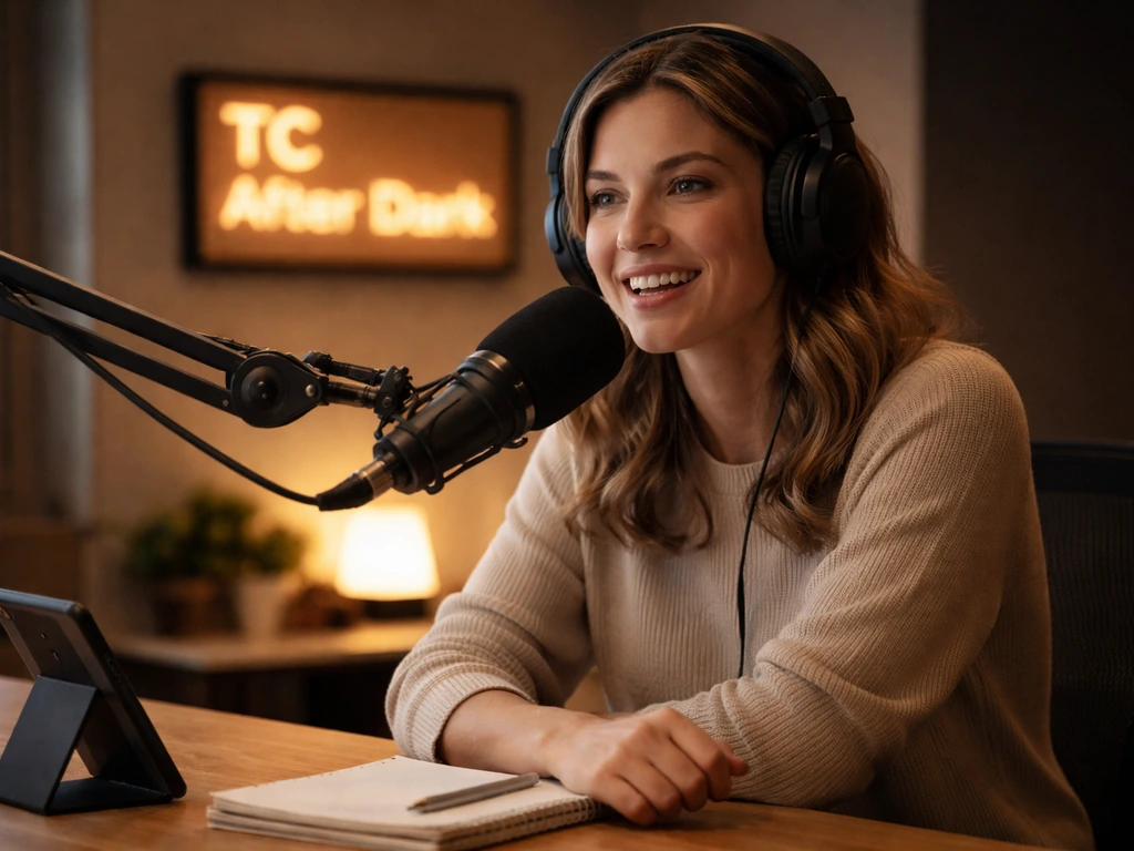 Anonymous podcast host wearing headphones speaking into a studio microphone with a blurred branded studio backdrop.