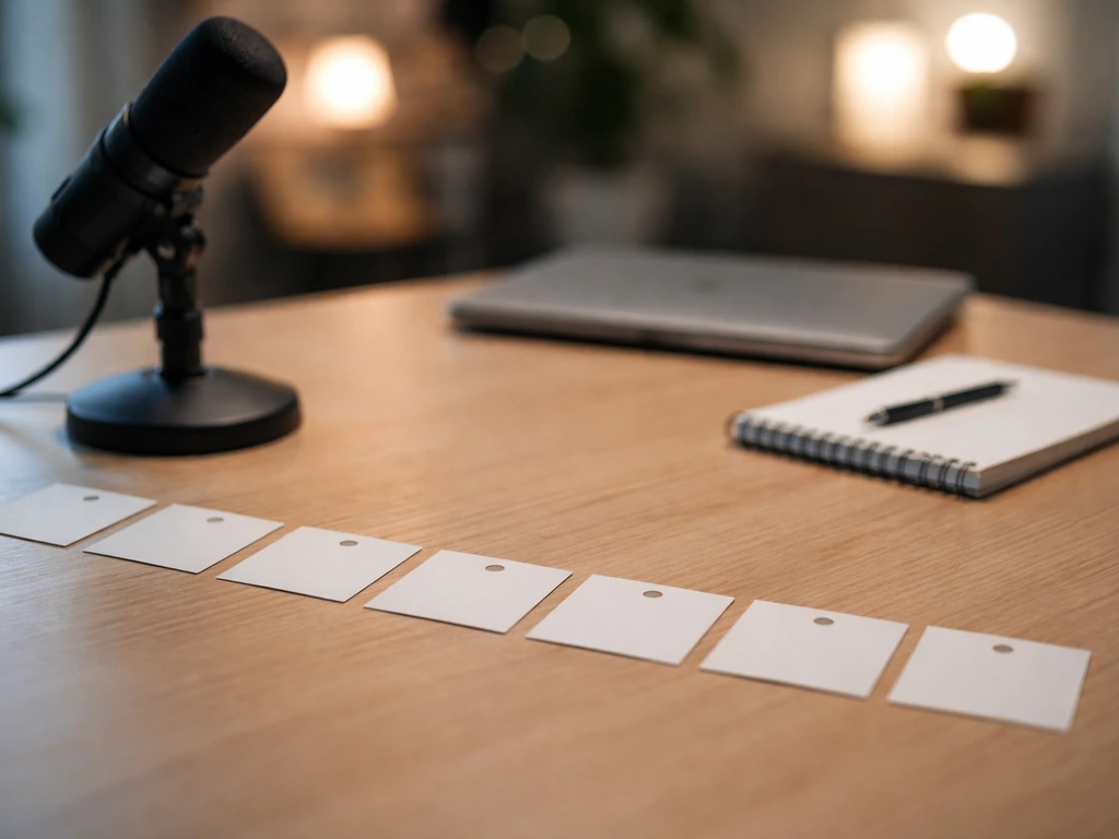 Minimal media studio desk with microphone and a subtle row of softly lit year markers on a timeline card