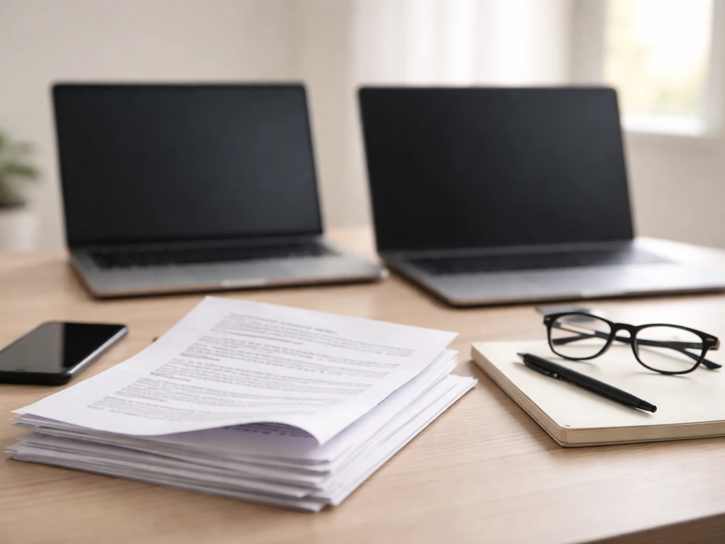 Minimal office desk with two laptops and documents, symbolizing checking the right identity spelling.