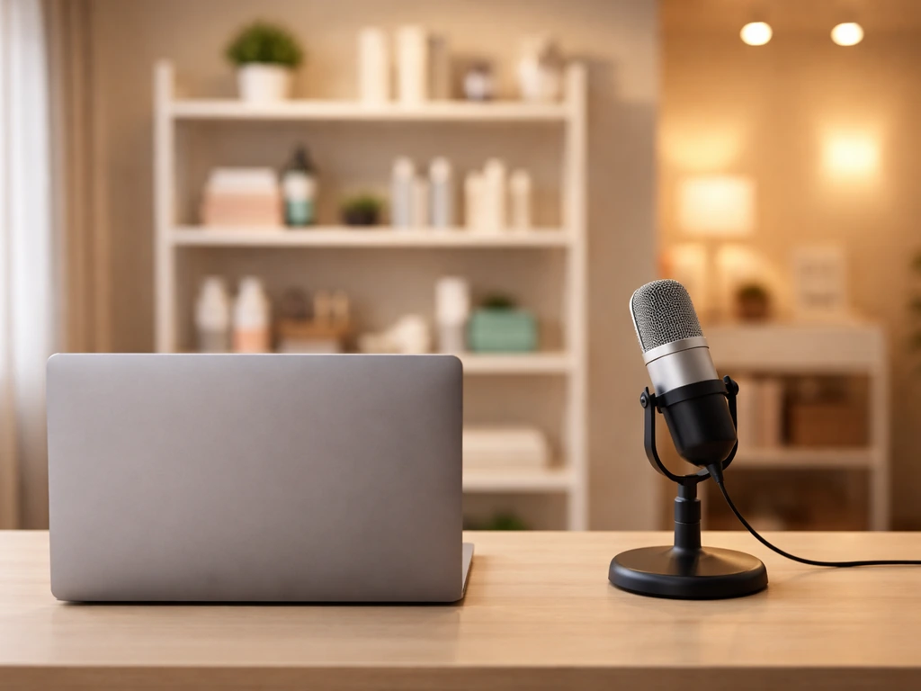 Anonymous home-shopping studio desk with microphone and soft TV display in warm light.