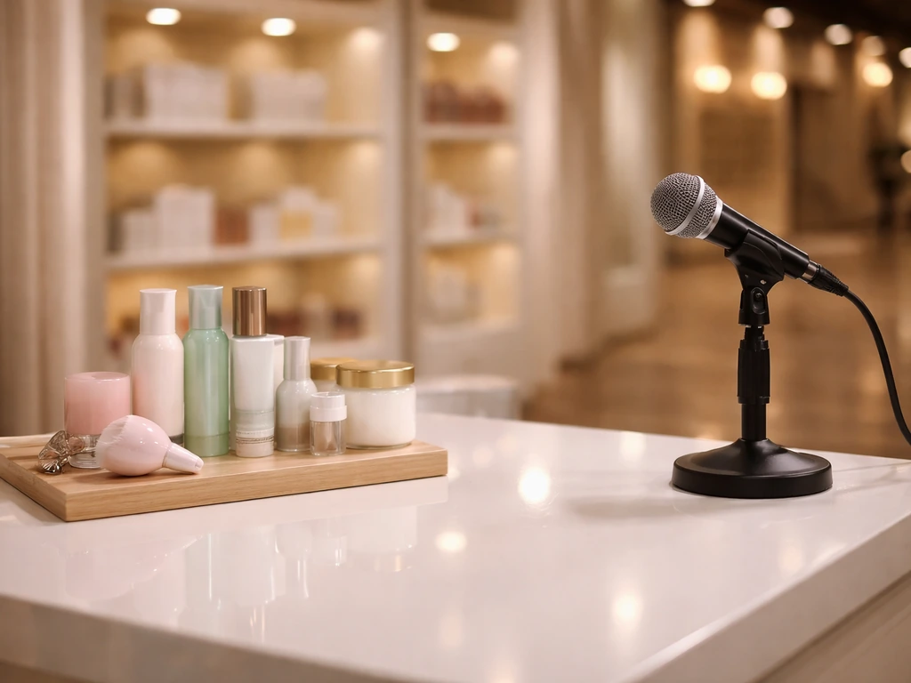Minimal home shopping studio scene with microphone and product display, evoking QVC-era TV hosting.