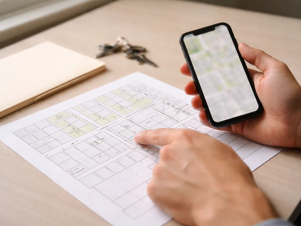 Hands holding a phone over a blank property map sheet, symbolizing property records verification.
