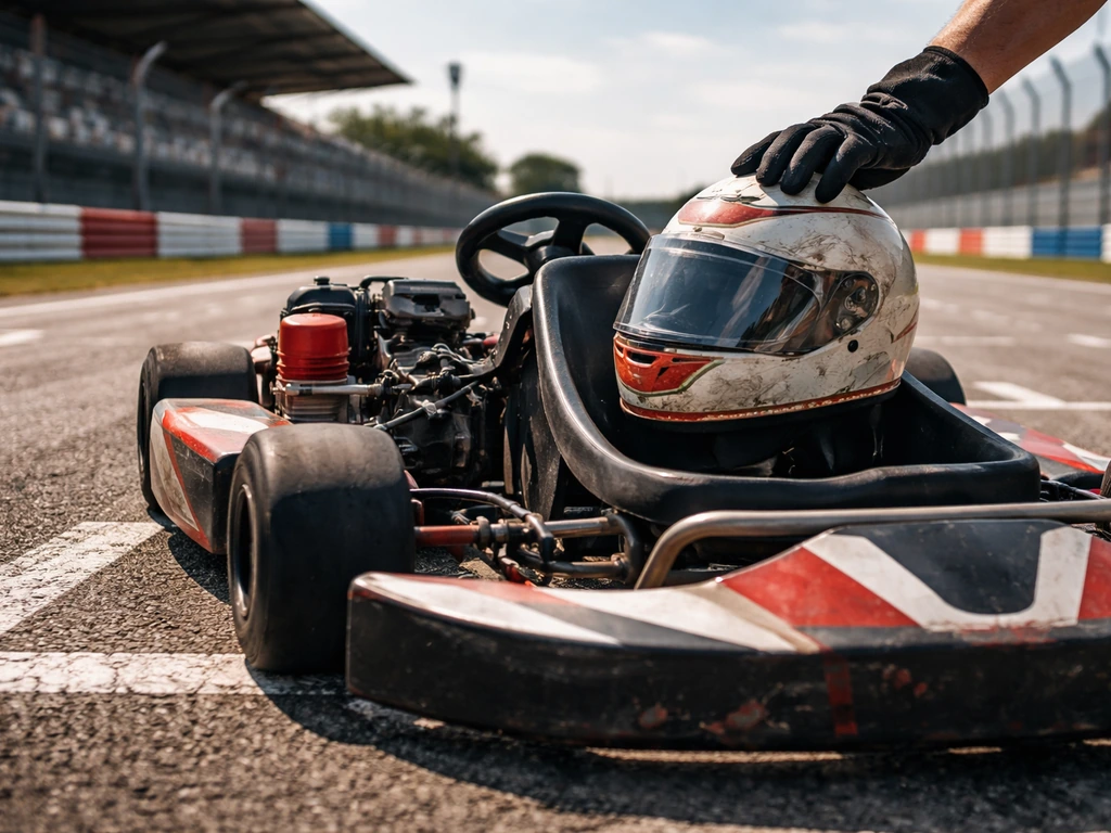 Empty go-kart and helmet on a quiet track, evoking early racing beginnings and momentum.