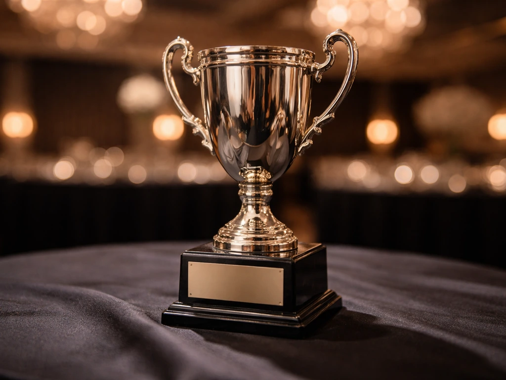 Close-up of a shiny karting-style trophy on a dark satin table at an FIA gala-like prize-giving event.
