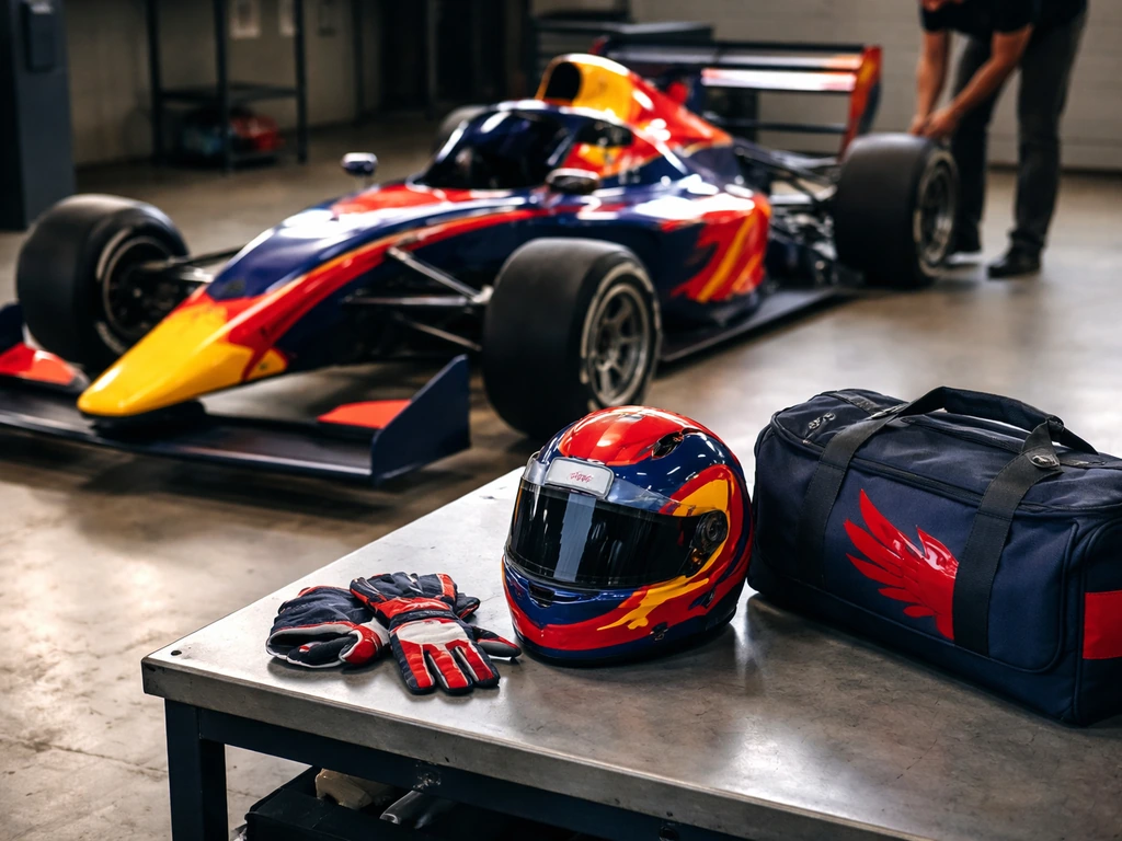 Red Bull junior racing gear and a small junior car in a quiet garage training bay