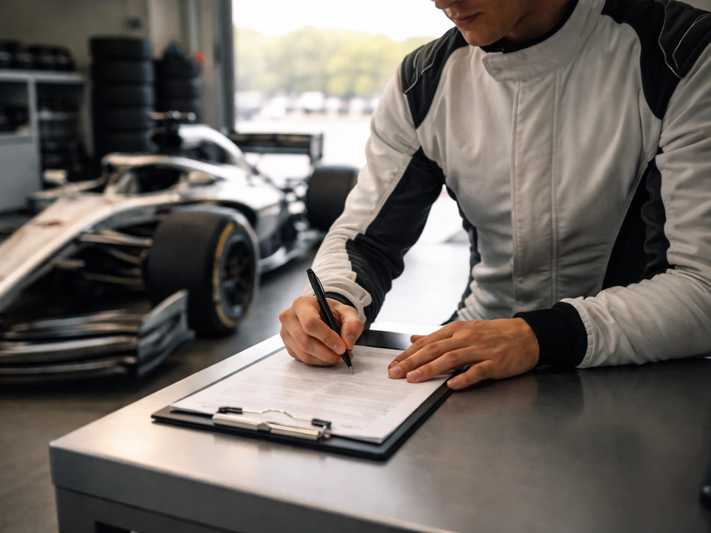 Young racing driver in a modern F1 garage holds a contract while a sleek F1 car is parked nearby.