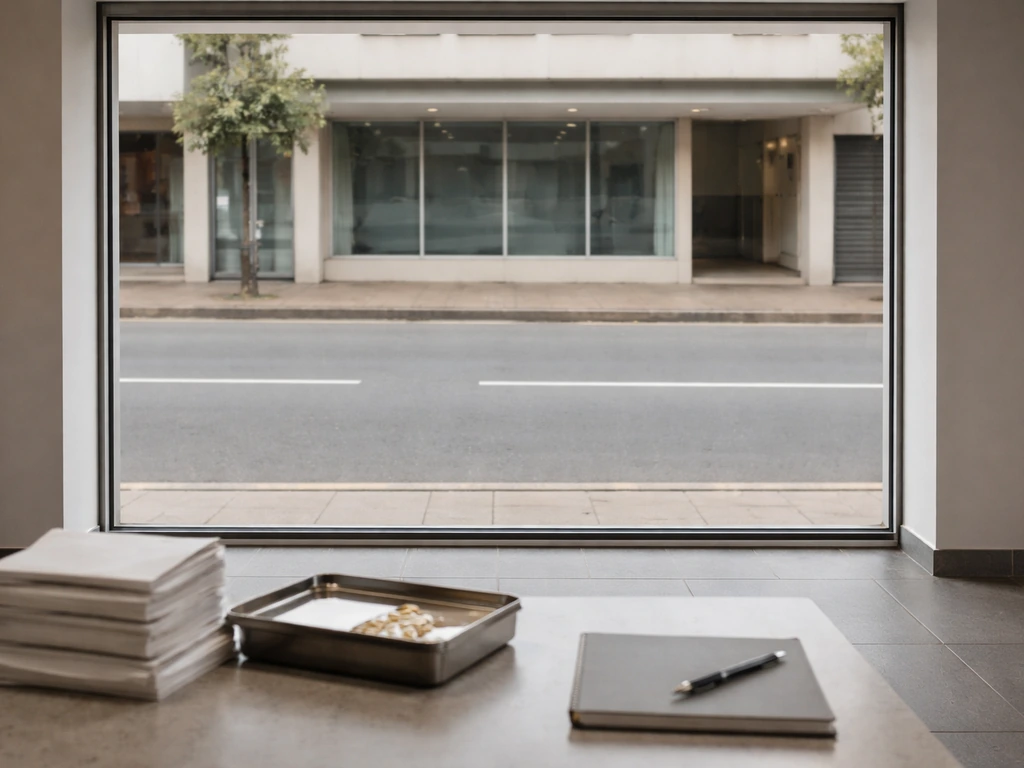 Empty pharmacy storefront with counter items and notebooks, signaling the founder context without showing a person.