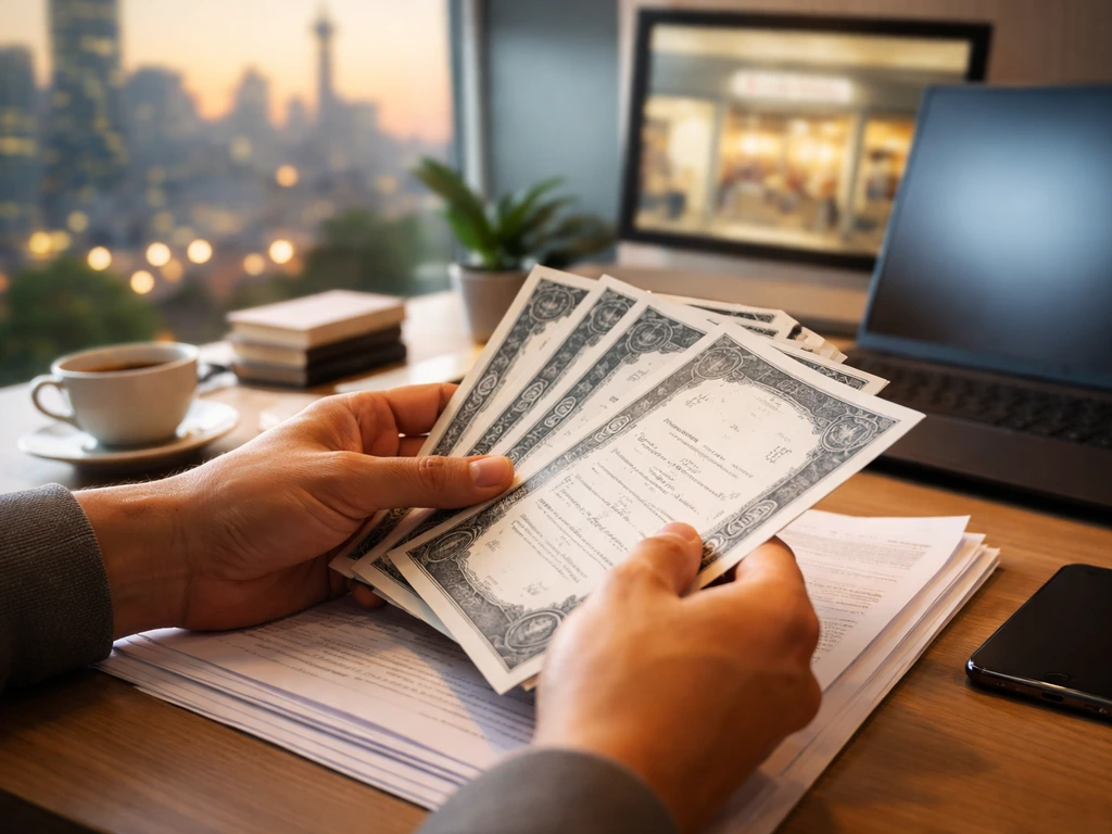Hands on shares and investment papers on a desk, with blurred corporate office and city skyline behind.