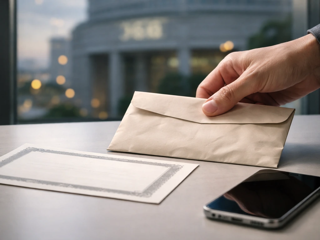 Minimal photo of a single businessman’s hand placing a JSE share certificate into an envelope on a desk