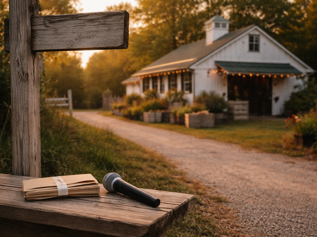 Rustic farm exterior with a signpost and a bench holding a cash envelope and microphone—no people visible.