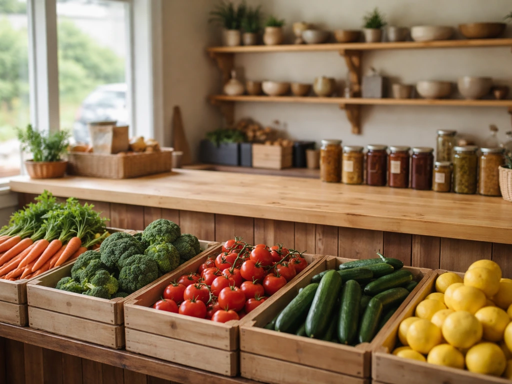 Minimal photo of a farm shop counter with fresh produce and jars, suggesting retail income