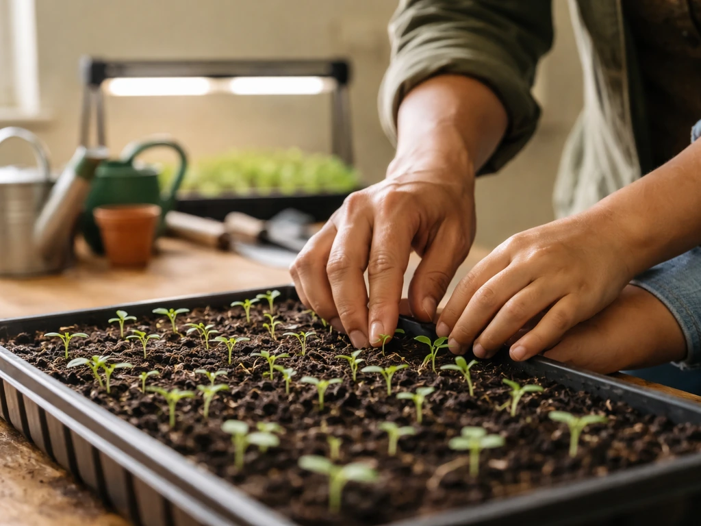 Hands helping a child plant and tend small sprouts in a farm school classroom.