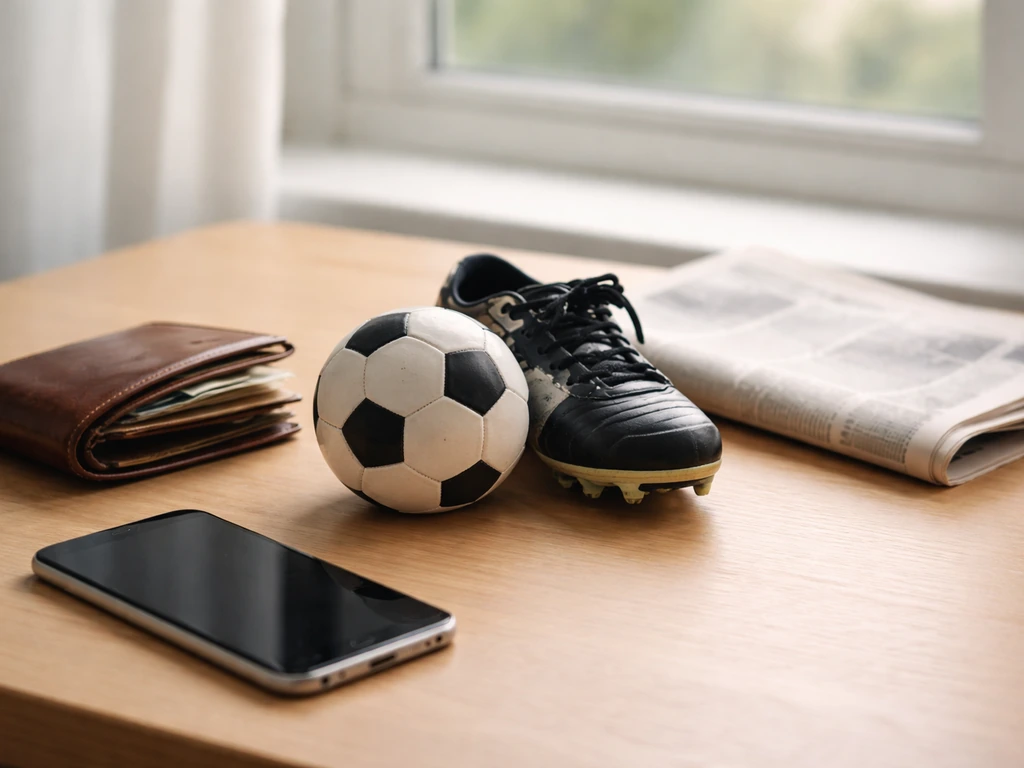 Minimal symbolic photo showing sports identity disambiguation: blurred football, wallet, and newspaper-like media vibe