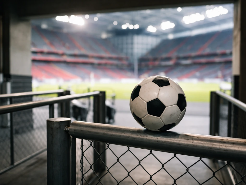 A football rests on a stadium barrier with blurred CSKA-style stadium seating in the background.