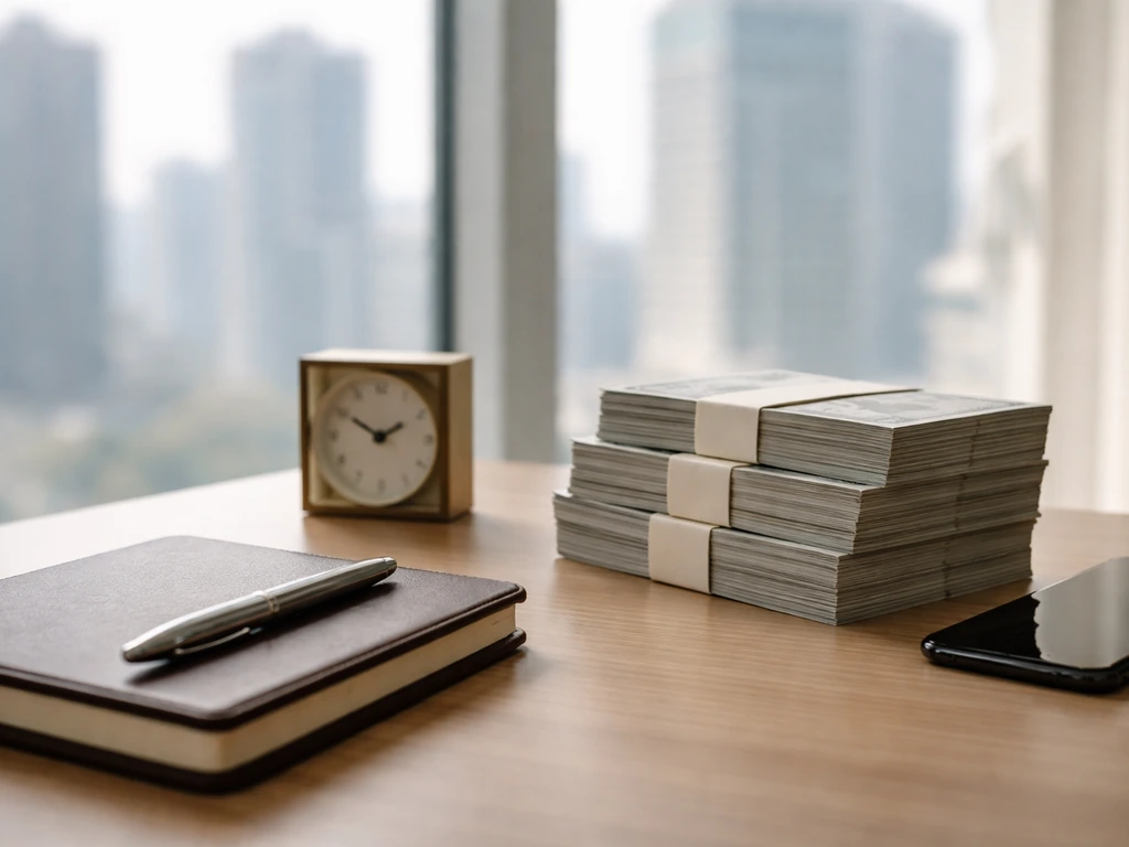 Minimal finance office desk with pen, notebook, analog clock, and bundled cash-like papers by a window.