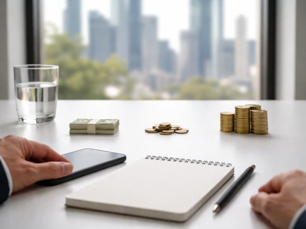 Minimal desk scene with coins and money props suggesting a financial range and midpoint, no text.