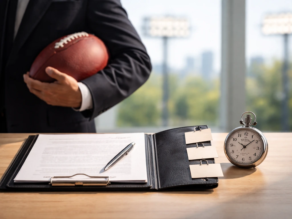 Anonymous football-and-contract desk scene with unlabeled timeline tags and soft stadium light background.