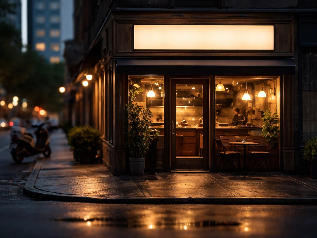 Close view of a small pizza shop storefront with warm lights and an investor-like atmosphere