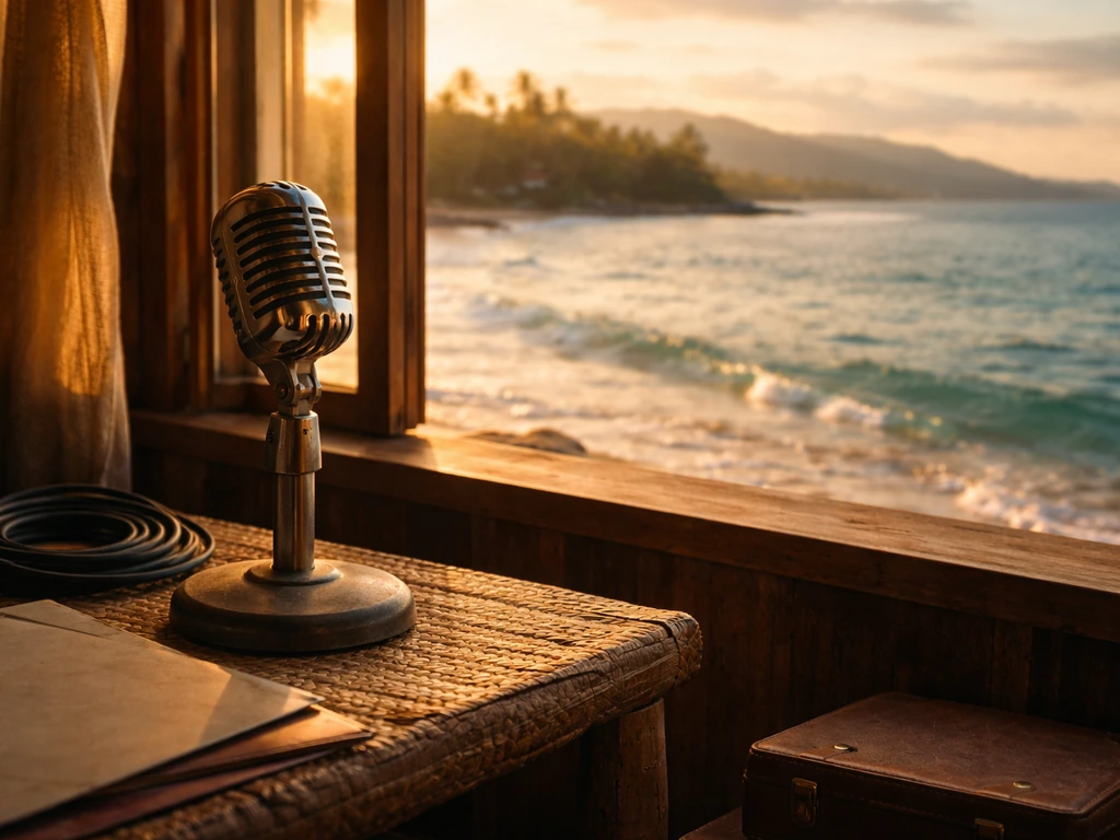 Vintage microphone in a coastal Fiji studio with soft sunset light, evoking music and wealth context.