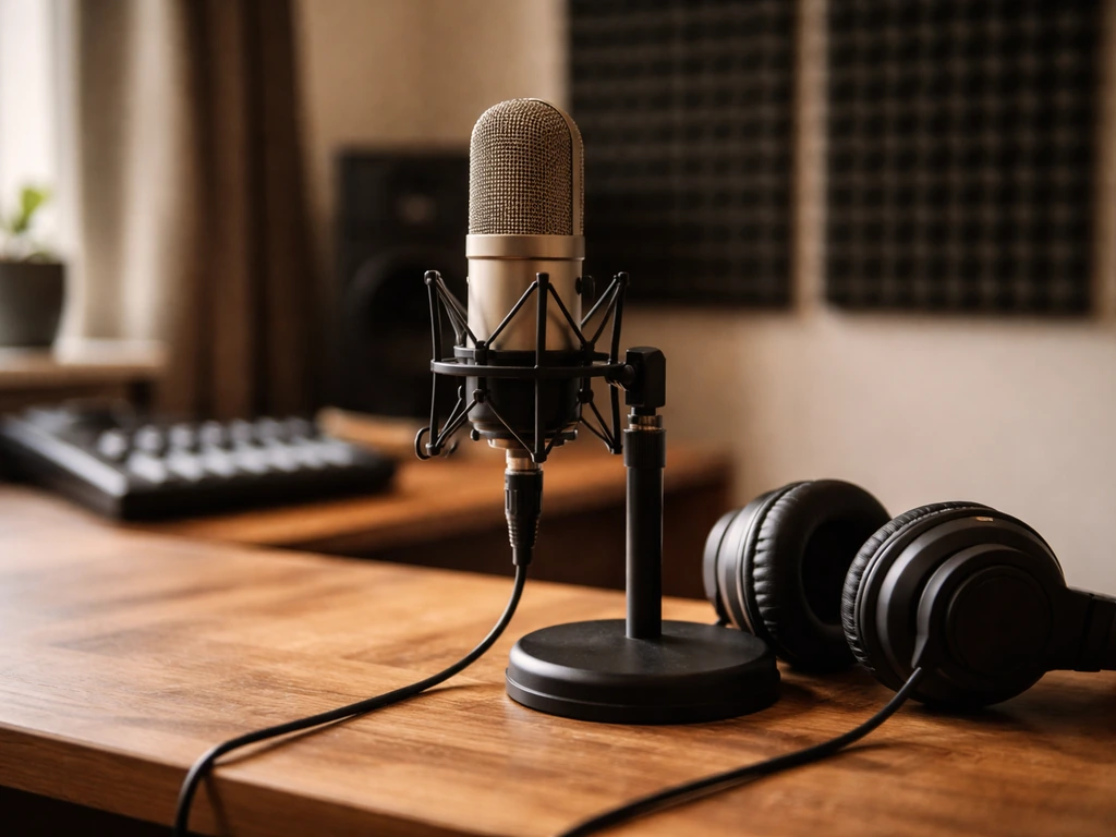 Quiet music studio desk with a microphone and headphones, symbolizing a musician’s identity and media presence.
