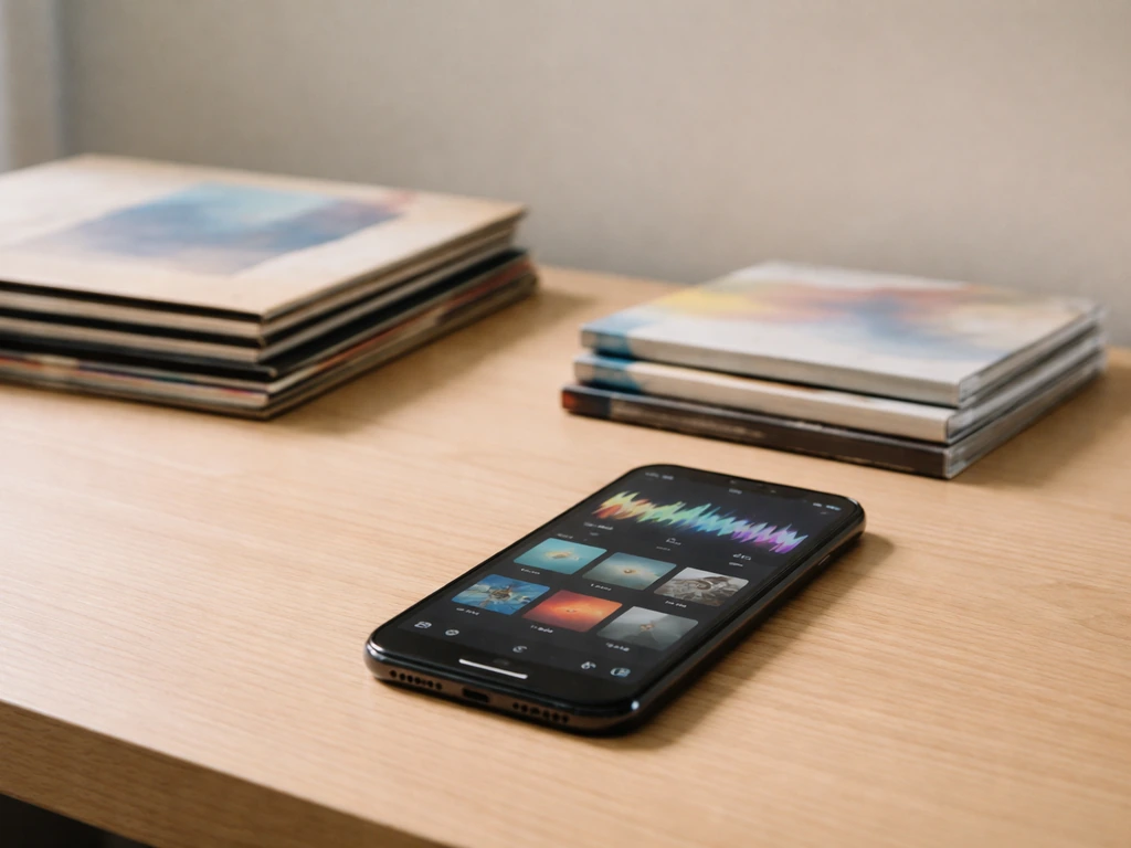 Minimal desk scene with vinyl records and a phone showing a generic music feed representing royalties.