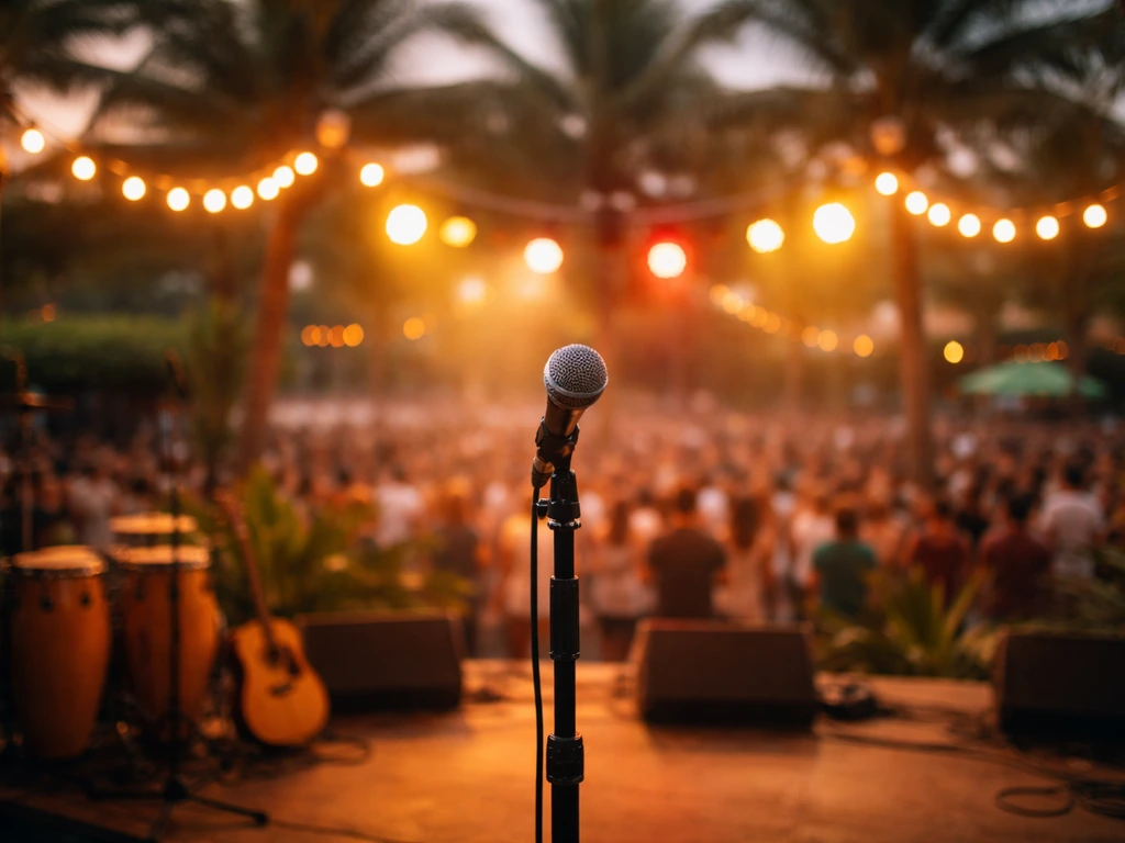 Microphone stand on a lit outdoor stage with a blurred crowd, showing an upcoming live performance atmosphere.