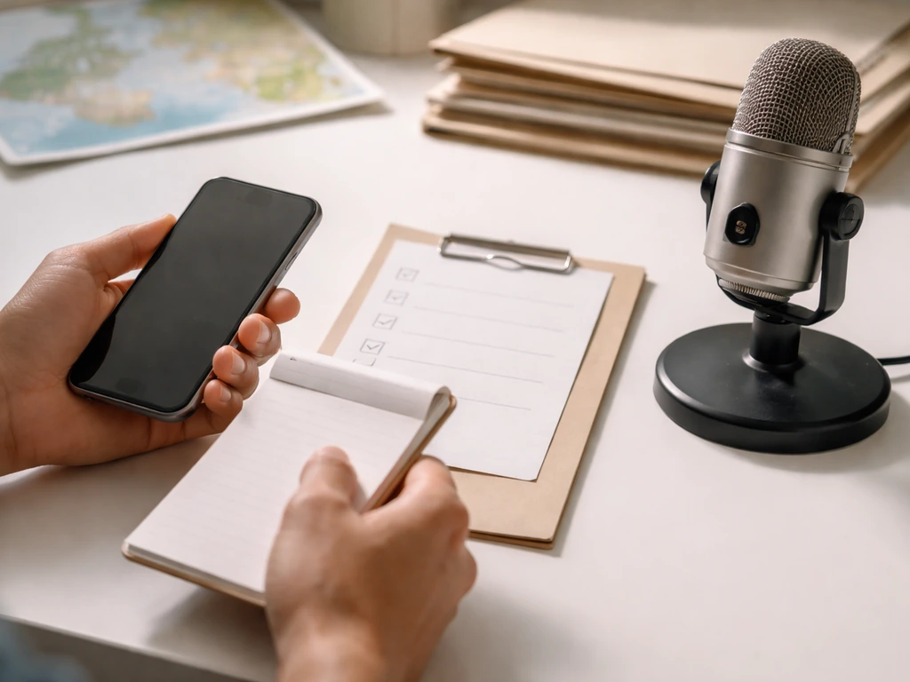 Hands on a desk checking blank paperwork and notes with a phone and microphone nearby.