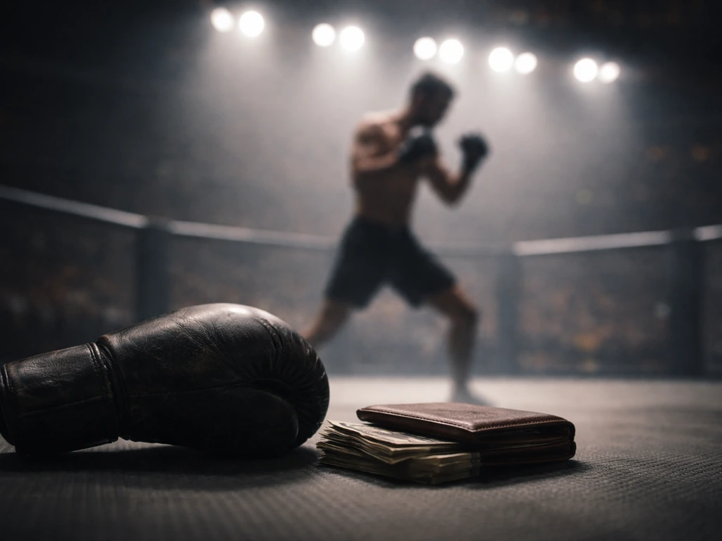 MMA fighter silhouette in an arena with a single sparring glove and cash-like props, symbolizing masvidal net worth.