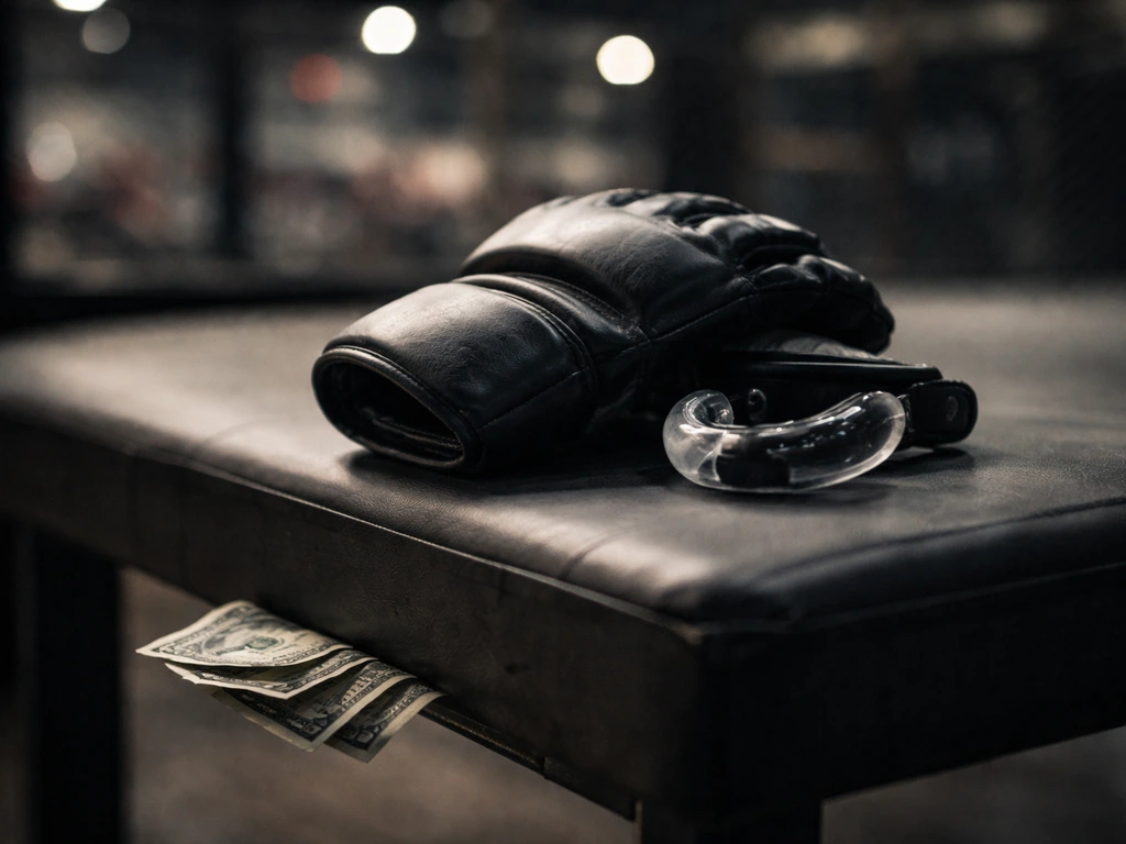 Worn MMA glove and mouthguard on a gym bench with subtle money symbolism, blurred arena-like background.