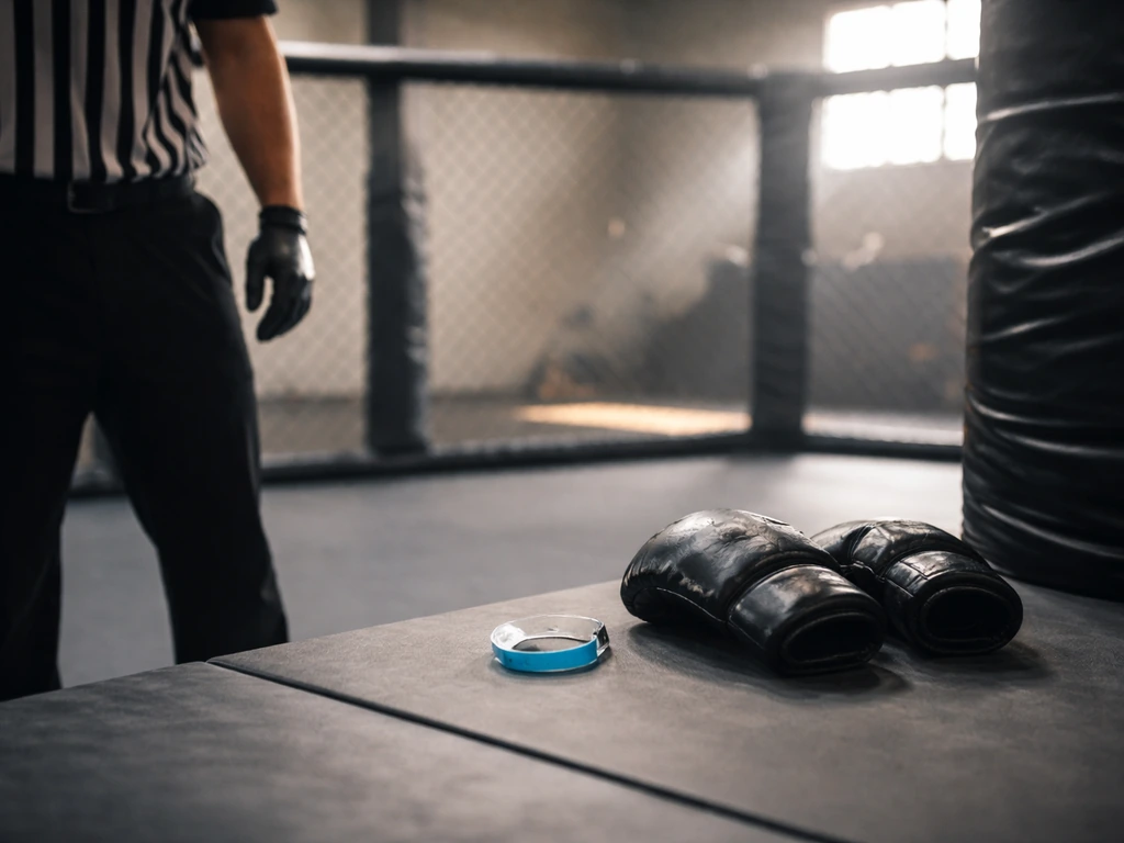 MMA training scene with a referee and gloves on a neutral mat, suggesting fight earnings and performance bonuses.