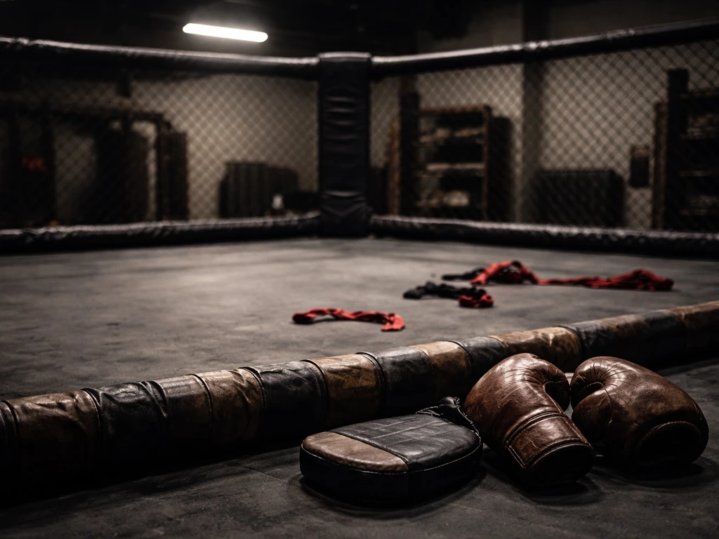 Bare-knuckle MMA promotion scene with a caged ring, gloves, and a leather punch mitt on a dim gym floor