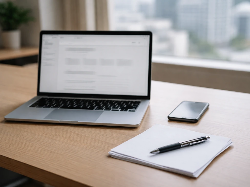 Minimal office desk with laptop, phone, blank papers, and pen—symbolizing self-checking financial figures.