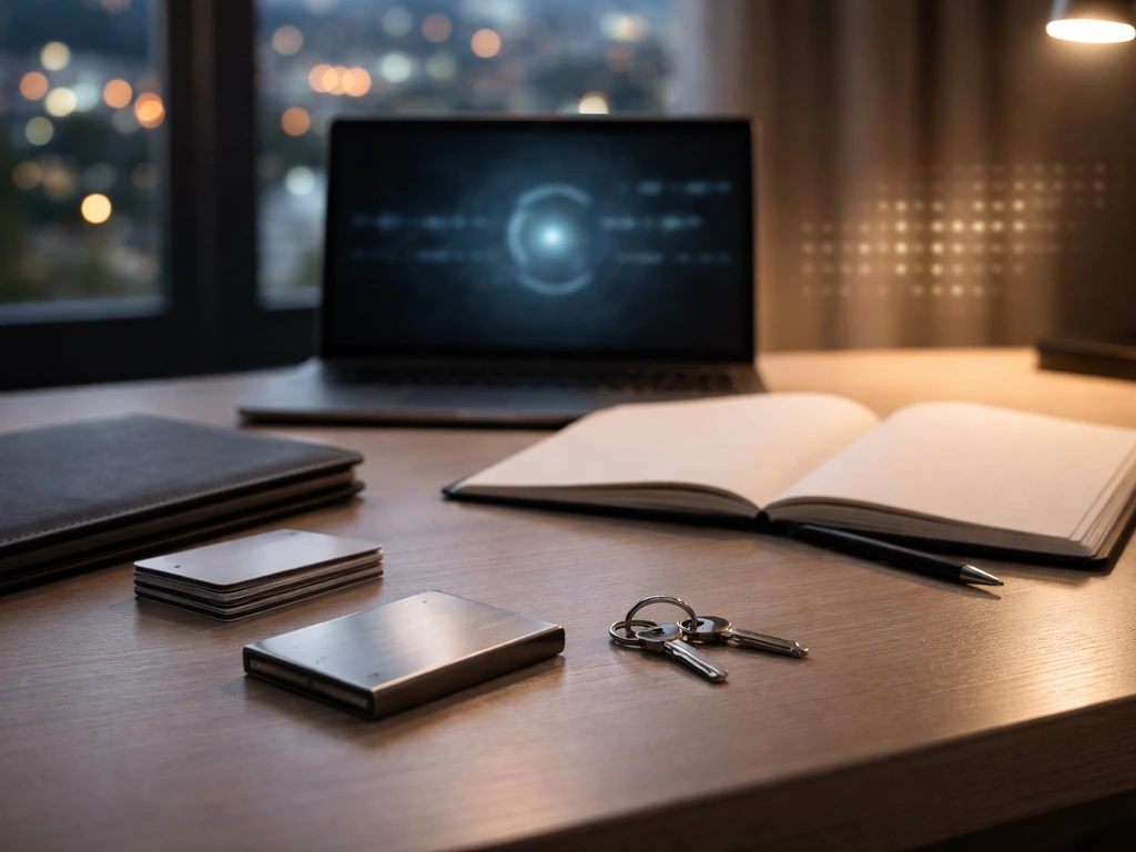 Desk scene with laptop cybersecurity glow and financial items like a wallet and portfolio folder.