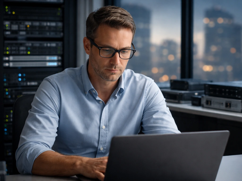 Cybersecurity executive in a modern office, focused on enterprise security hardware and city lights.