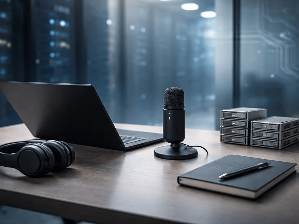 Minimal office desk with laptop and headphones, blue-lit data-center background symbolizing cybersecurity growth.