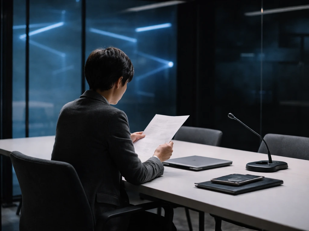 Anonymous investor in a glass meeting room with papers and a closed laptop, suggesting cybersecurity venture advisory wo