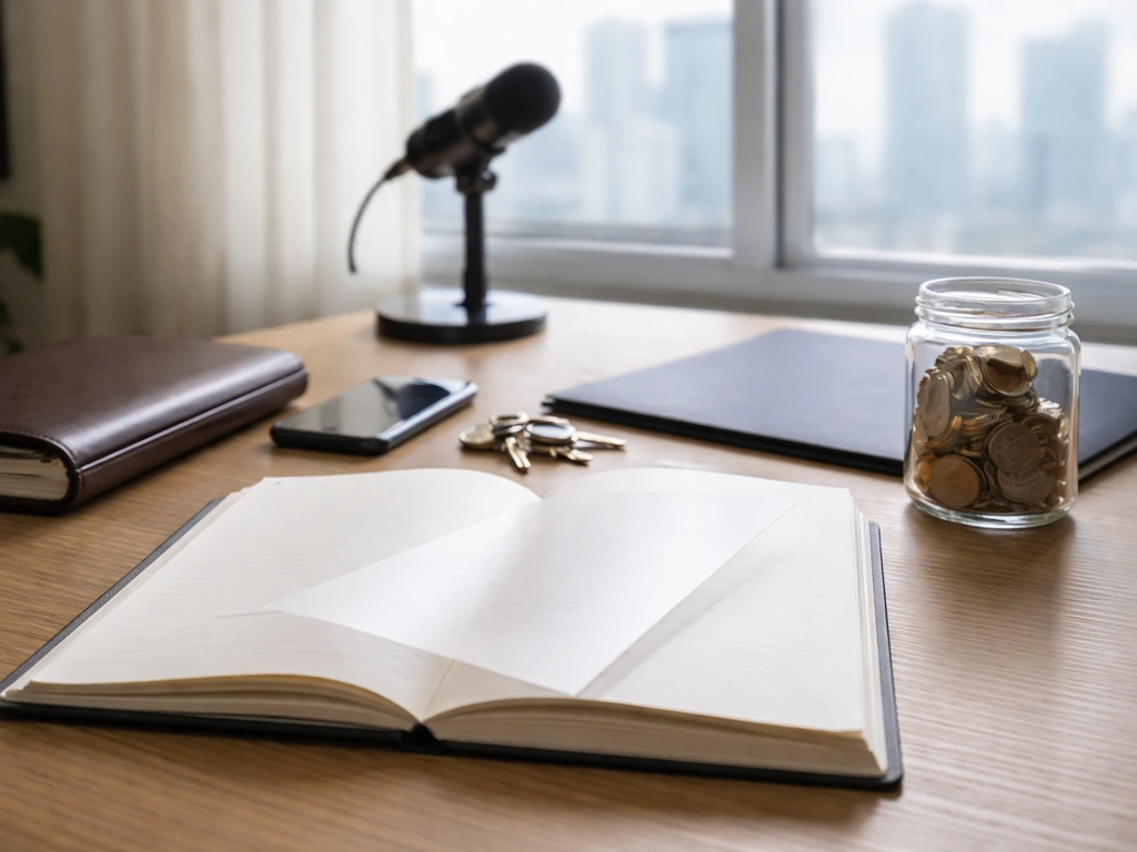 Minimal finance desk with coins, notebook, and soft blurred city background suggesting uncertainty in estimates.