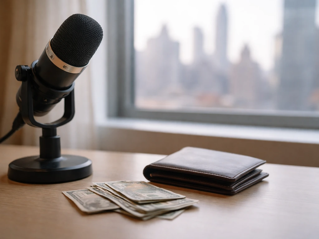 Minimal photo of a luxury desk setup with a microphone and money-themed props, symbolizing a celebrity net worth topic