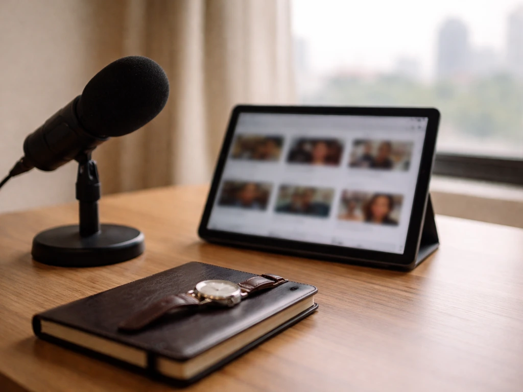 Podcast mic and business desk setup symbolizing an entertainment career and public profile