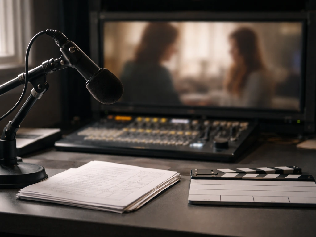 TV studio control room scene with blurred monitor and microphone, symbolizing acting and media work.