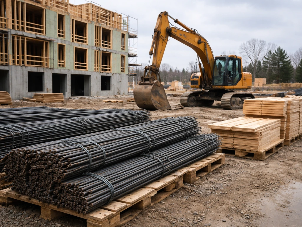 Ontario construction jobsite with rebar and materials near a partially built structure, no people visible.