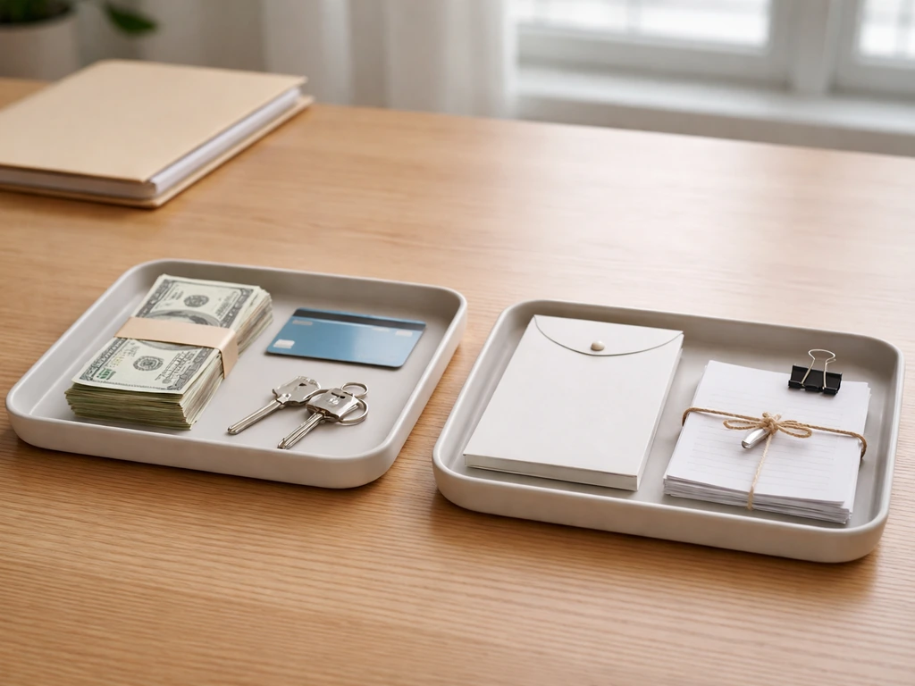 Minimal desk photo with two trays of objects symbolizing assets on one side and liabilities on the other.