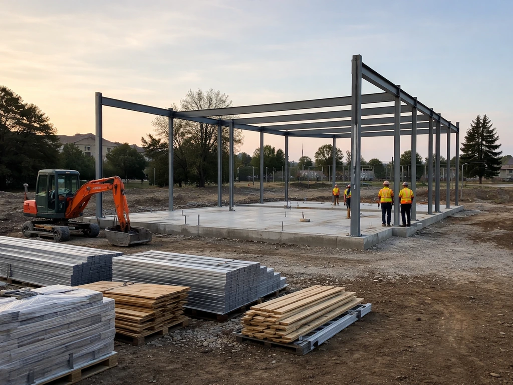 Active southern Ontario construction site with steel framing and equipment, workers in distance from behind.