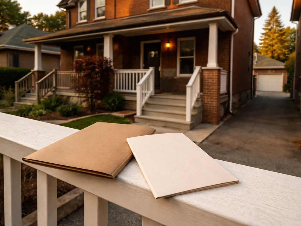 A quiet brick home with a blank folder and placard-like documents near the porch to suggest ownership evidence.