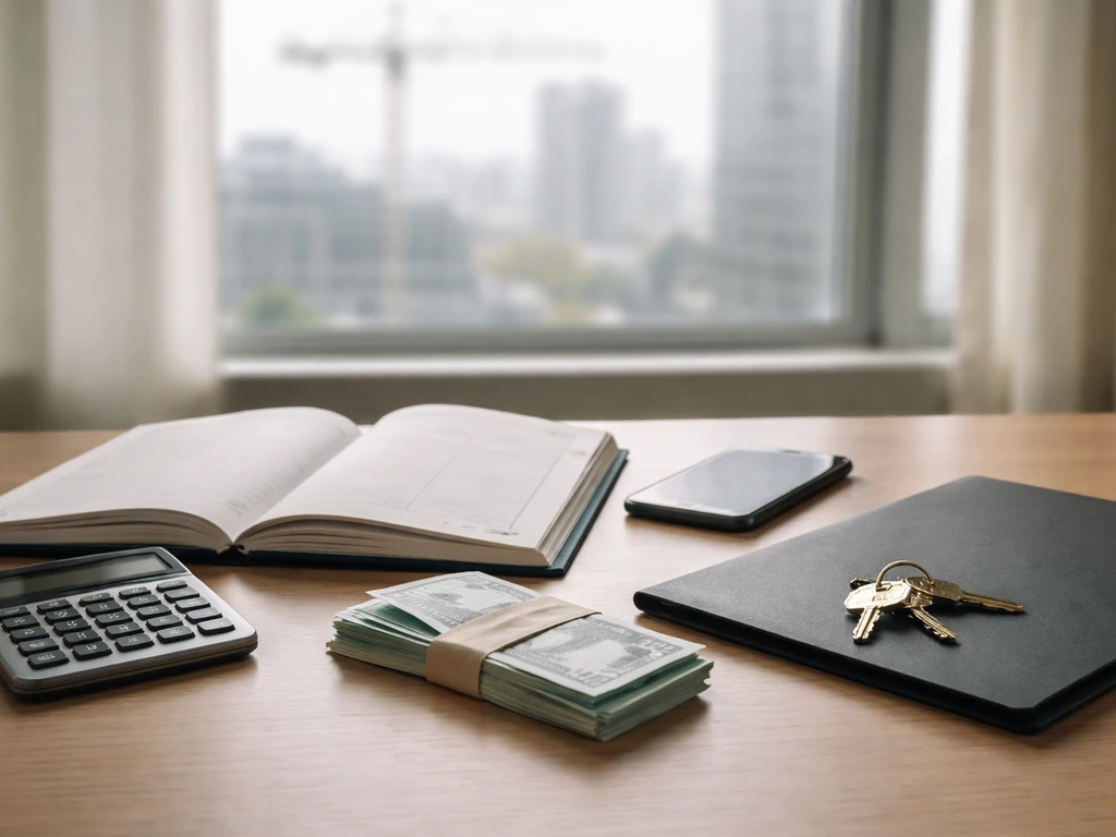 Minimal photo of a construction owner’s office desk with a calculator, cash, and real estate keys in soft light.