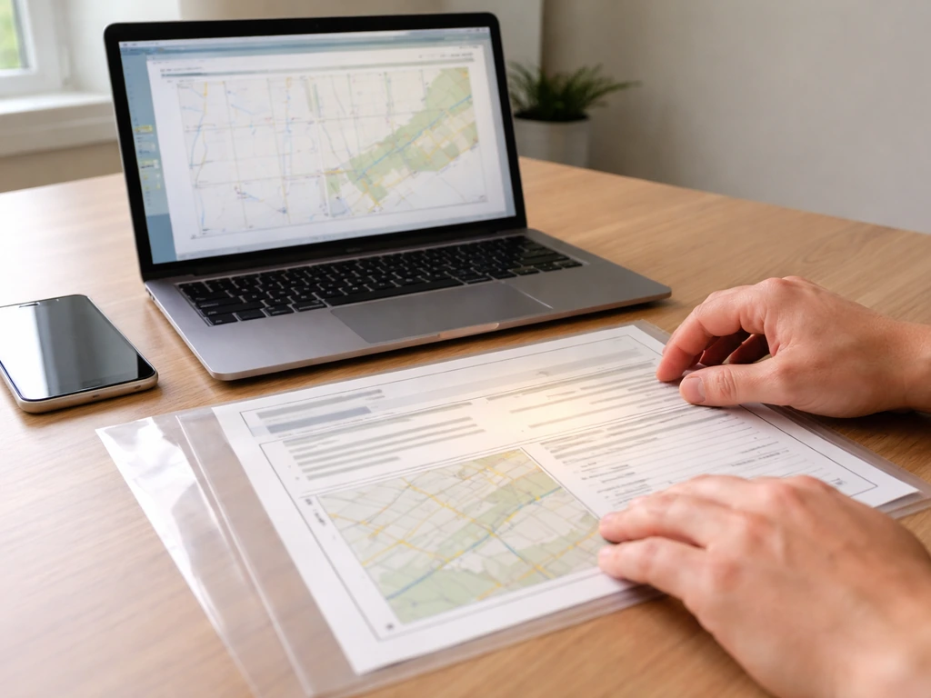 Hands on a desk with laptop and land-title search documents, symbolically suggesting record verification steps.