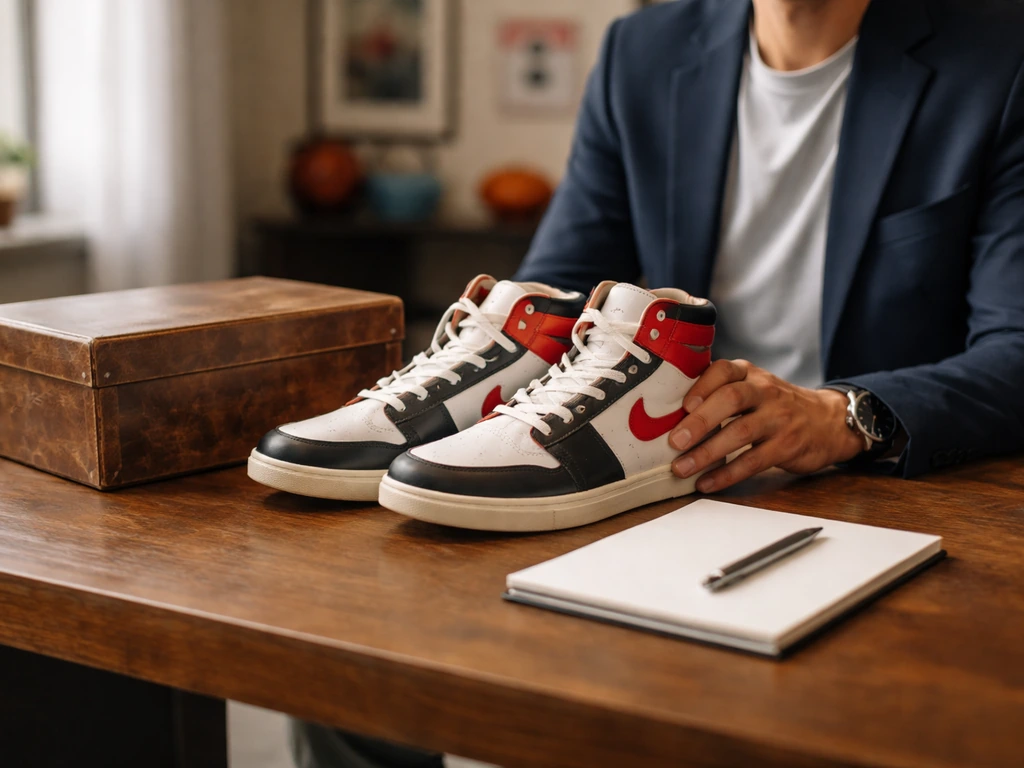 Anonymous sports marketing executive’s desk with vintage sneakers and a shoebox in natural light.