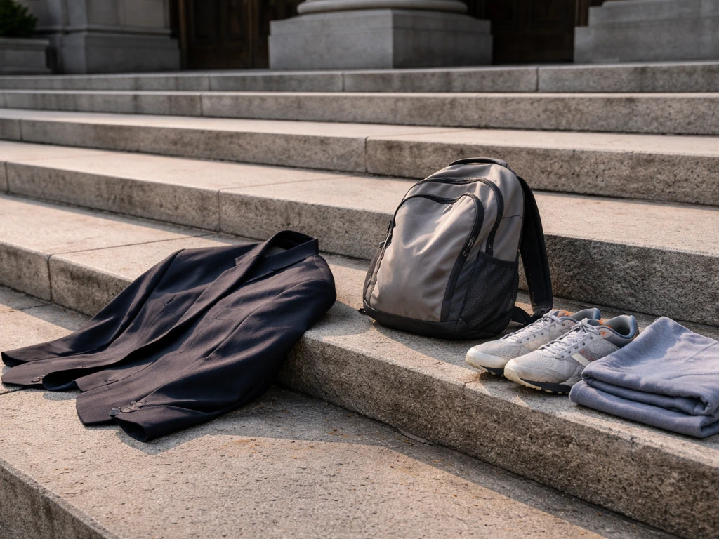 Minimal photo of courthouse steps with a suit jacket and sports gear laid out, symbolizing athlete compensation fight.