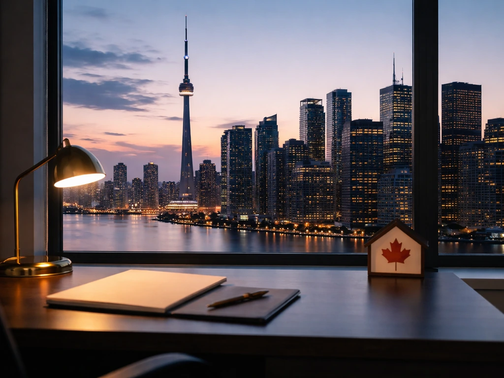 Toronto skyline at dusk with a quiet office window view, suggesting Canadian mortgage and finance industry presence.